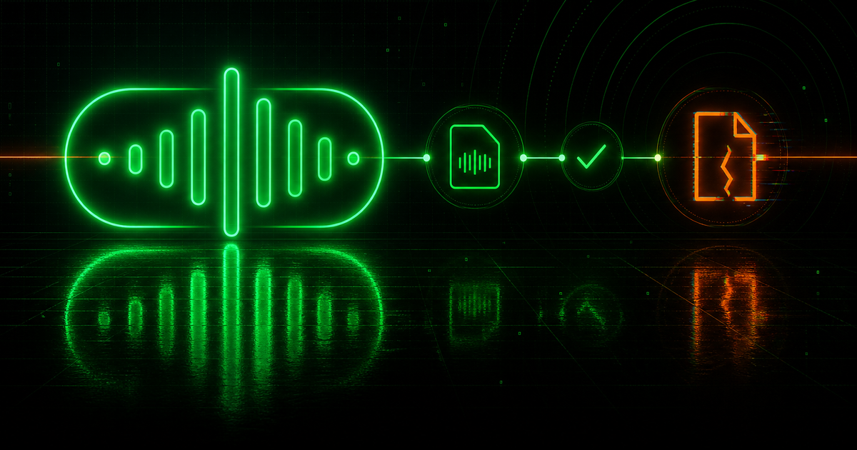 Áudio na API oficial WhatsApp: waveform verde, pipeline OGG e arquivo quebrado em laranja sobre fundo escuro