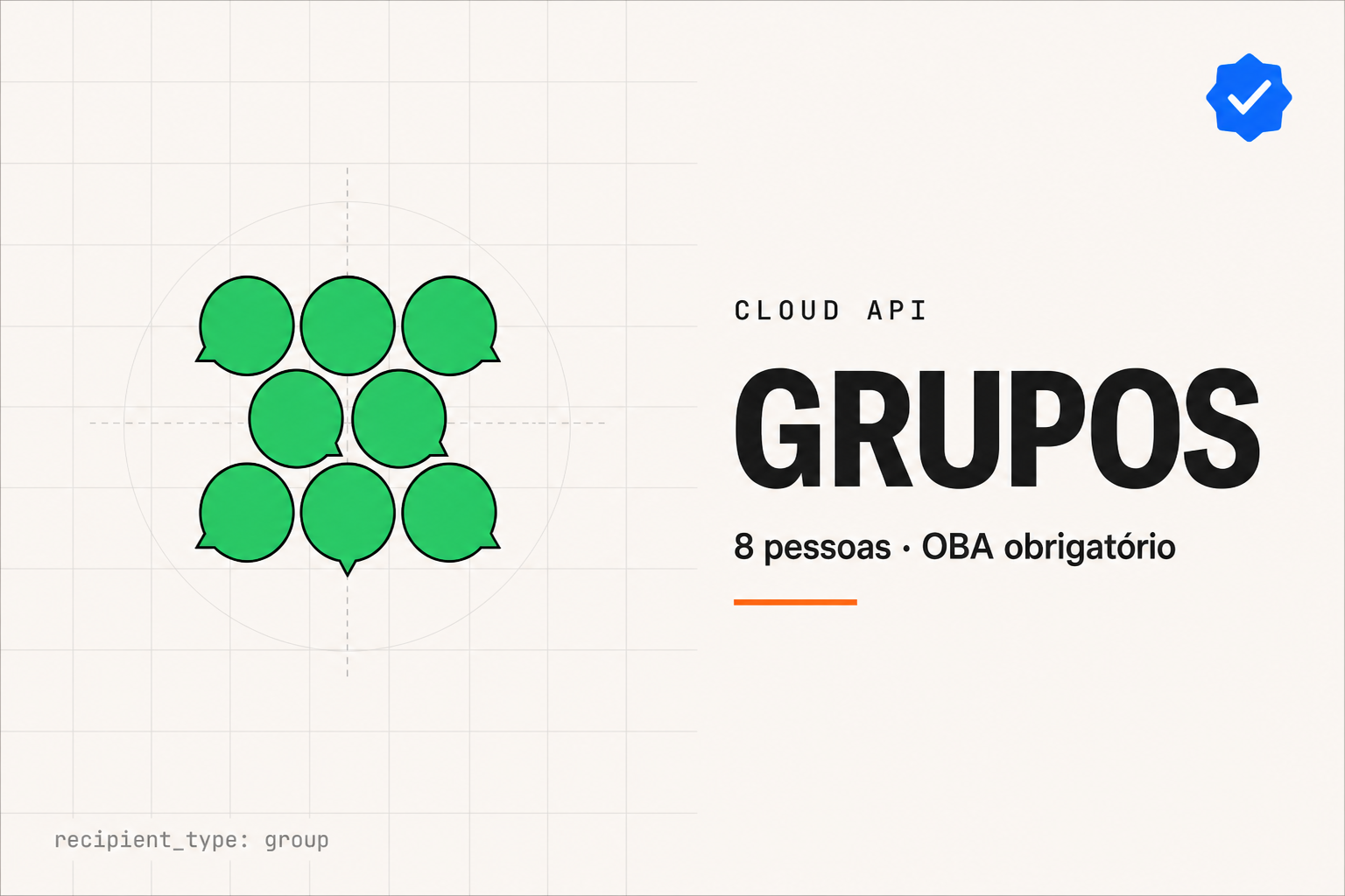 Grupos na API oficial do WhatsApp: 8 participantes, selo OBA e recipient_type group